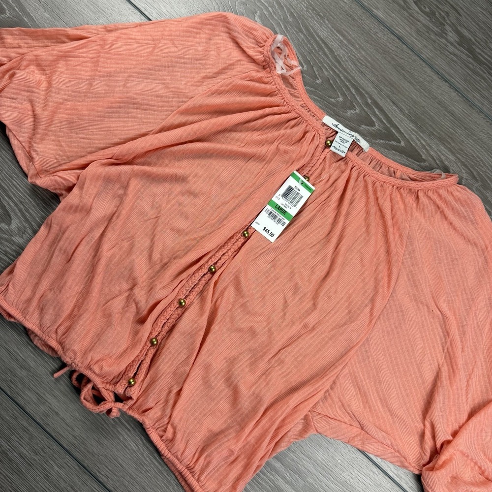 American Rag Women's Tie Front Gold Tone Button Top Coral Size Large New
